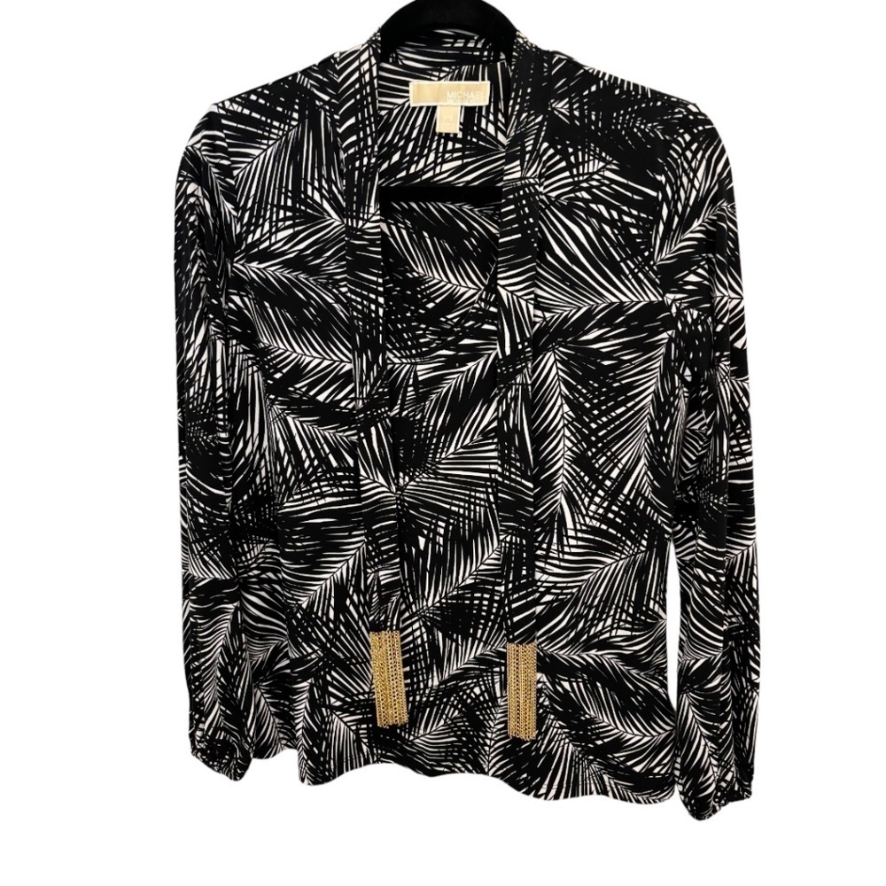 Michael Michael Kors Black White Long Sleeve V-Neck Top Chain Accents Size Small